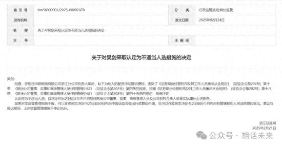 2025 年 2 月 24 日浙江证监局披露某期货公司分公司负责人非法配资